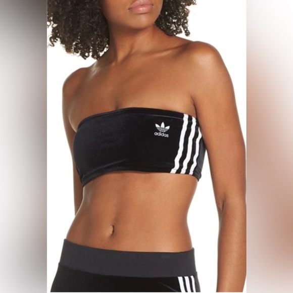 adidas Tops - Adidas Originals Bandeau Top Women Black Velour‎ Tube 3 Stripe Y2K Strapless Lrg